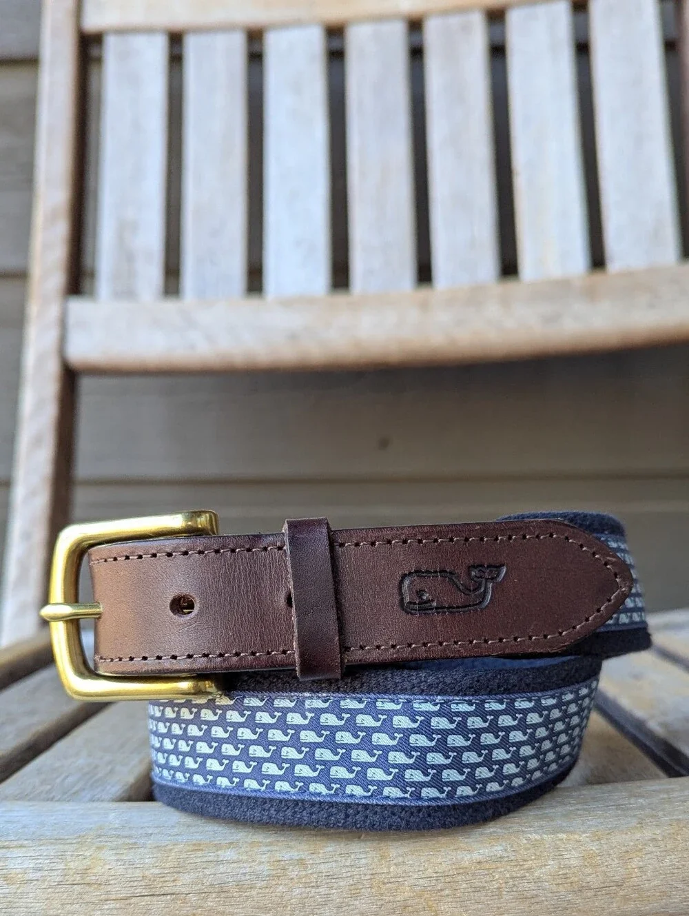 Vineyard Vines Vineyard Whale Canvas Club Belt Size 30 Brown Leather Blue Whale